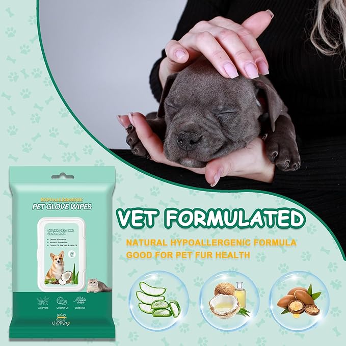 CHPPEY Pet Cleaning and Deodorizing Bathing Grooming Glove Wipes for Dogs and Cats, Extra Thick Nourish Fur No-Rinse Grooming Wipes for Daily Care and Travel, Hypoallergenic, 30 pcs