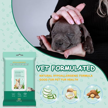 CHPPEY Pet Cleaning and Deodorizing Bathing Grooming Glove Wipes for Dogs and Cats, Extra Thick Nourish Fur No-Rinse Grooming Wipes for Daily Care and Travel, Hypoallergenic, 30 pcs