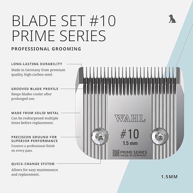 Wahl Pro Animal Wide Prime Series Blades - Professional Fine Tooth Pet Clipper for Horse, Cat & Dog Grooming - Made from High-Carbon Steel - #10, 1.5mm