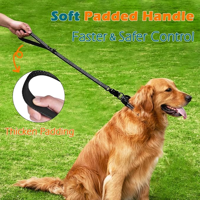 PetBonus Heavy Duty Short Dog Leash, 24 Inch Nylon Traffic Leash with Quick Release Clip, Comfortable Padded Handle, Reflective Training Lead for Medium Large Dogs (Black, 24")