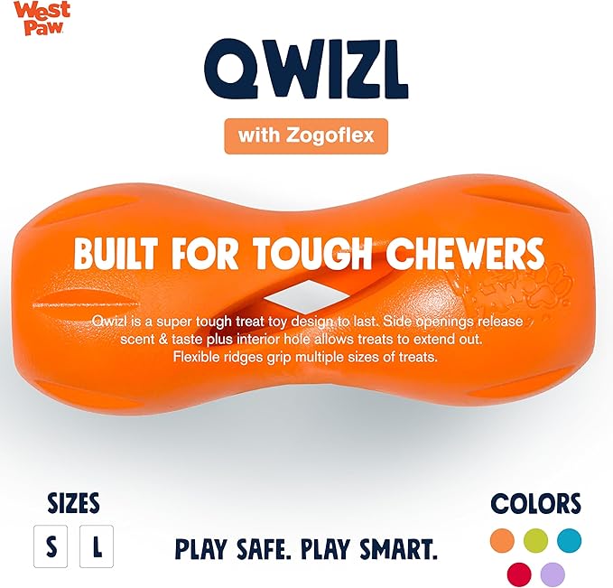 West Paw Zogoflex Qwizl Interactive Treat Dispensing Dog Puzzle Treat Toy for Dogs, 100% Guaranteed Tough, It Floats!, Made in USA, Large, Tangerine