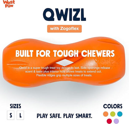 West Paw Zogoflex Qwizl Interactive Treat Dispensing Dog Puzzle Treat Toy for Dogs, 100% Guaranteed Tough, It Floats!, Made in USA, Large, Tangerine