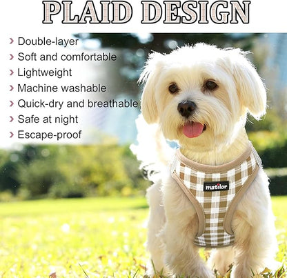 matilor Dog Harness Step-in Breathable Puppy Cat Dog Vest Harnesses for Small Medium Dogs Beige Checkered