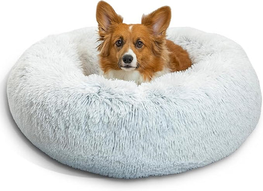 Best Friends by Sheri The Original Calming Donut Dog Bed – Washable Plush Pet Bed for Medium Breeds up to 45 lbs, Shag Faux Fur, Frost Gray, Medium (30" x 30")