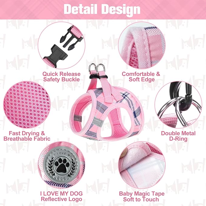 BEAUTYZOO Small Dog Harness and Leash Set,Step in No Choke No Pull Soft Mesh Dog Harnesses Reflective for Extra-Small/Small Medium Puppy Dogs and Cats, Plaid Dog Vest Harness for XS S Pets, Pink XXS
