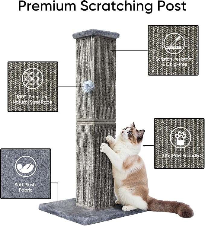 YULOYI Cat Scratching Post 32 Inch for Indoor Large Cats and Kitten, Nature Sisal Tall Cat Scratch Post, Sisal Cat Scratcher Improve Cat's Scratching Habits and Protect Your Furniture, Dark Grey