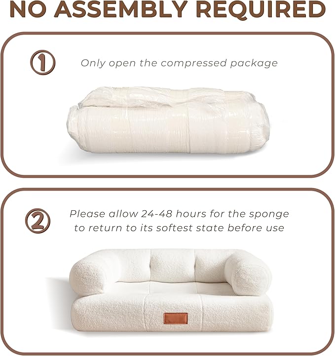 ATJafurn White Faux Shearling Dog Couch Bed for Large Dogs Under 70 lbs, 33.9 Inch Modern Tufted Elevated Dog Sofa with Leather Nameplate, Indoor Furniture Style Cute Raised Pet Sofa Bed (Large)