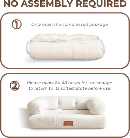ATJafurn White Faux Shearling Dog Couch Bed for Large Dogs Under 70 lbs, 33.9 Inch Modern Tufted Elevated Dog Sofa with Leather Nameplate, Indoor Furniture Style Cute Raised Pet Sofa Bed (Large)