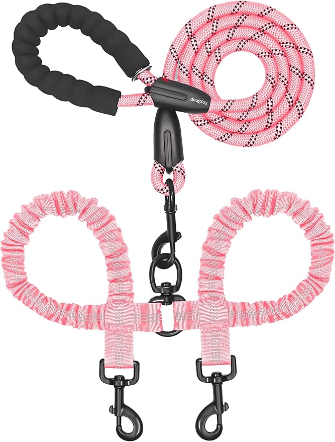 iYoShop Dual Dog Leash - 360° Swivel, No Tangle Walking Leash with Shock Absorbing Bungee for Two Dogs (Medium, 8-35 lbs, Baby Pink)