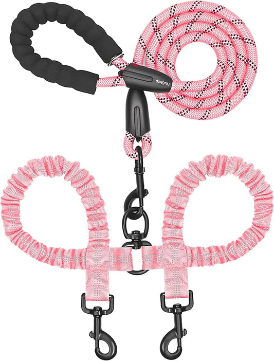 iYoShop Dual Dog Leash - 360° Swivel, No Tangle Walking Leash with Shock Absorbing Bungee for Two Dogs (Medium, 8-35 lbs, Baby Pink)