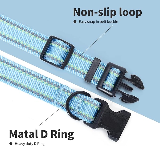 Mile High Life Reflective Dog Collar, Basic Dog Collars Adjustable Quick Release, Soft Nylon Pet Collar with Metal D-Ring for Small Medium Large Dogs (Blue, XS Neck9-13")
