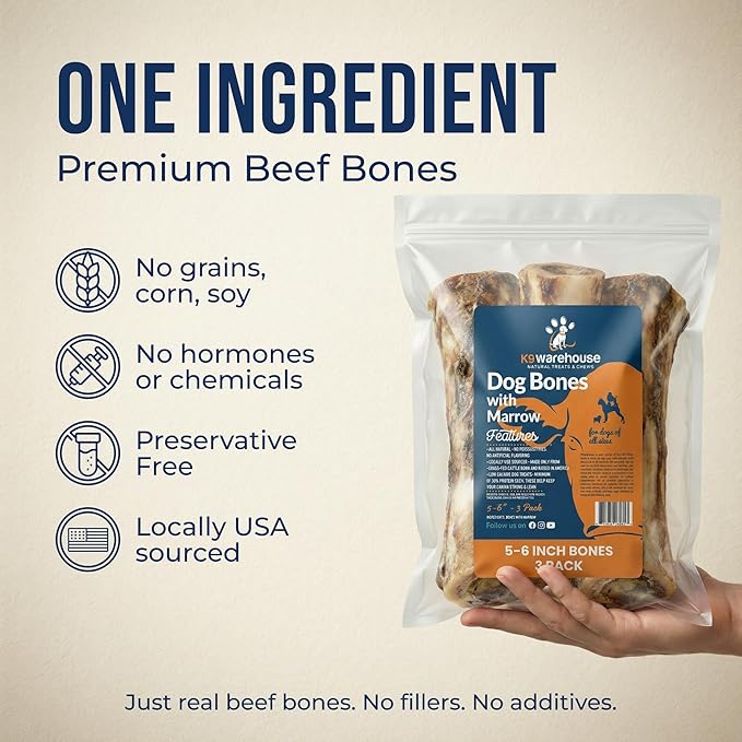 K9warehouse USA Marrow Bones for Dogs – All-Natural 5-6" Beef Bone Marrow Dog Treats – Long Lasting Bones for Aggressive Chewers – High-Protein Chews for Small, Medium, Large & Extra Large Breeds