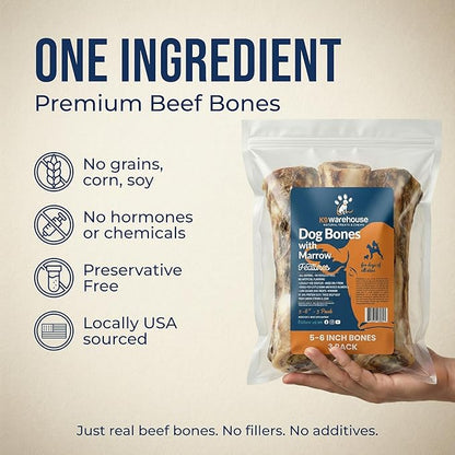 K9warehouse USA Marrow Bones for Dogs – All-Natural 5-6" Beef Bone Marrow Dog Treats – Long Lasting Bones for Aggressive Chewers – High-Protein Chews for Small, Medium, Large & Extra Large Breeds