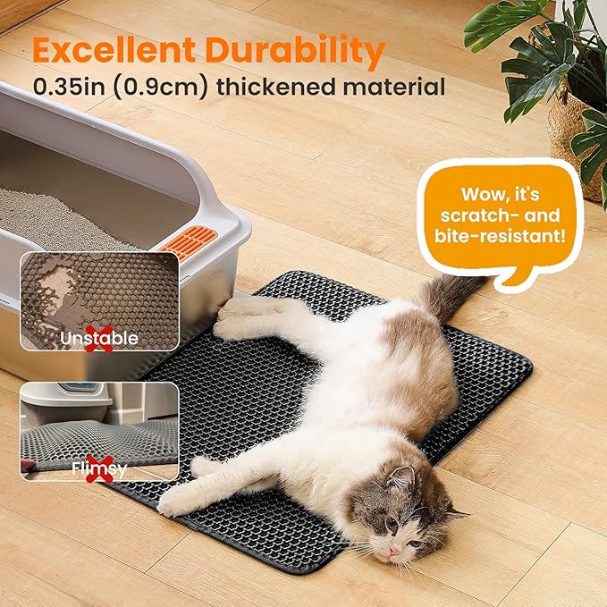 Petinstinct Cat Litter Mat, 24x18 Inches Large Double Layer Honeycomb Cat Litter Trapping Mat, Non Slip Waterproof Urine Proof Cat Litter Box Mat for Floor, Kitty Litter Rug, Cat Supplies, Black