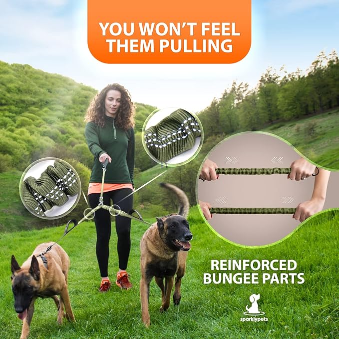 SparklyPets - Double Dog Bungee Rope Leash - Dual Dog Lead for Medium and Large Breeds - Padded Handles, No Tangle - Flow Leash, 2 Dogs Walking Accessory