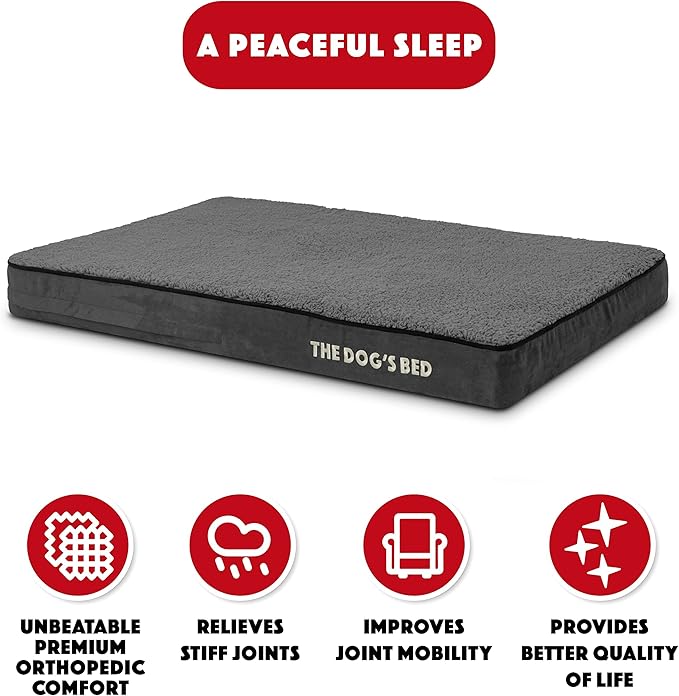 The Dog’s Bed Orthopedic Memory Foam Dog Bed, Large Grey Plush, Pain Relief for Arthritis, Hip & Elbow Dysplasia, Post Surgery, Lameness, Supportive, Waterproof Washable Cover, Veterinary Approved