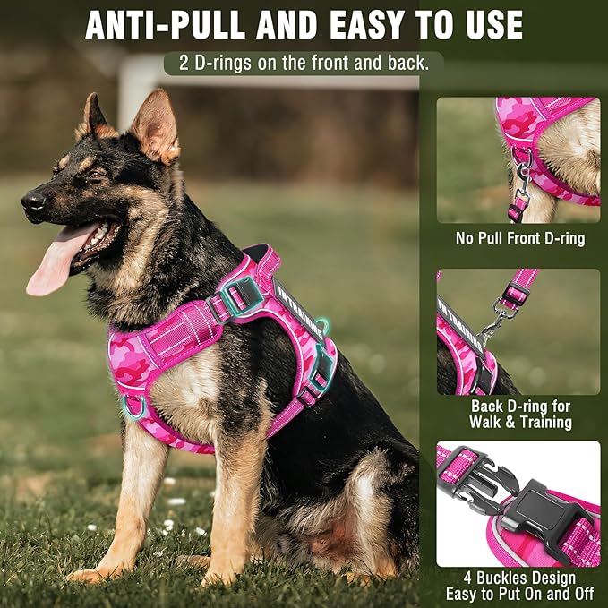 MOOGROU Tactical Service Dog Vest and Leash Set,Heavy Duty No Pull Dog Harness and 10 Patches with Dog Seat Belt for Large Dogs,Reflective Pet Harness for Training Walking Hiking Camo Pink L