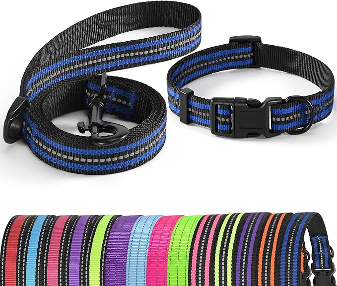 Mile High Life Reflective Dog Collar Leash Set | Adjustable for Small and Medium Dogs (Reflective Stripe Blue, Medium, Pack of 2)