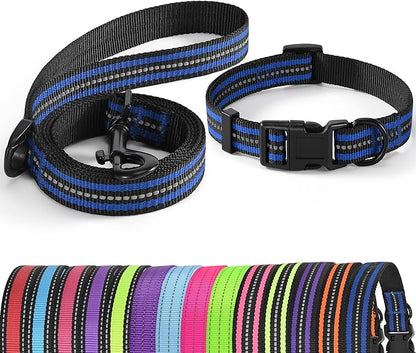 Mile High Life Reflective Dog Collar & Leash Set - Small, Medium & Large (Pack of 2, Blue with Reflective Stripe)