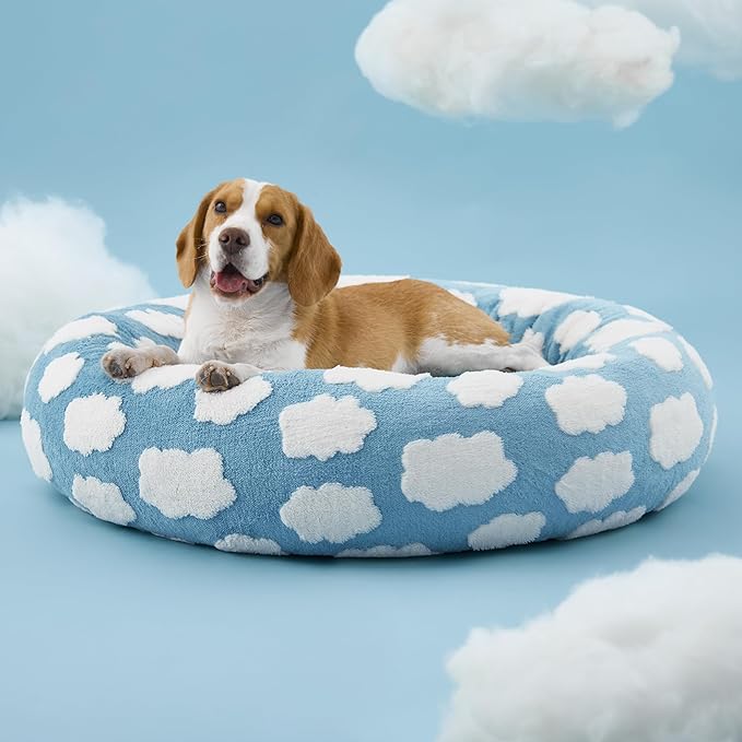 Lesure Shown on TV Donut Dog Beds Large Sized Dog - Round Pet Beds for Calming Puppy with Washable Cover, Orthopedic Modern Home Decor Beds with Jacquard Shaggy Plush & Anti Slip Bottom, 33 Inch，Blue