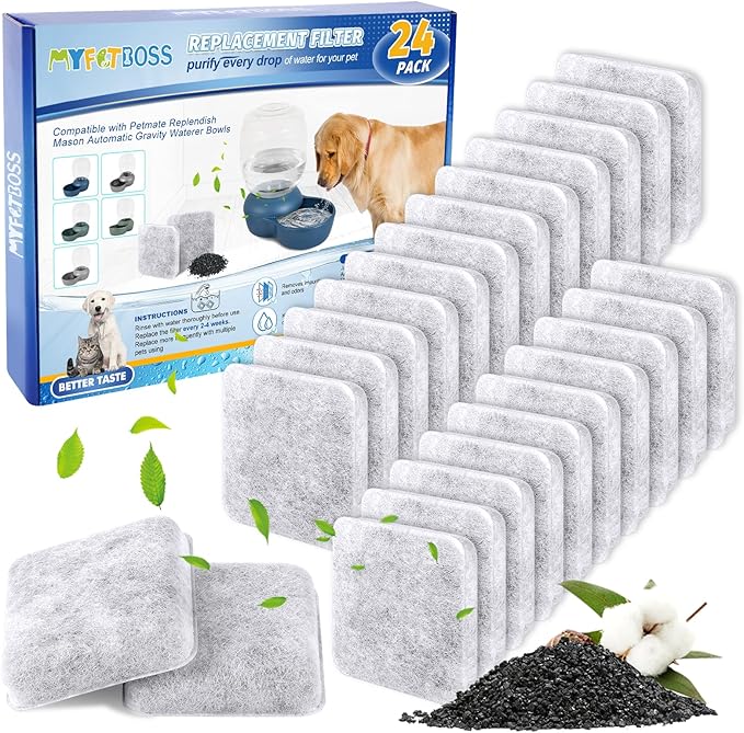 MyfatBOSS 24 Pack Dog Water Fountain Filters, Pet Water Filter Replacement Compatible with Petmate Replendish Mason Pet Water Fountains, Car Drinking Filter for Gravity Waterer Bowls Dispenser