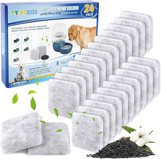 MyfatBOSS 24 Pack Dog Water Fountain Filters, Pet Water Filter Replacement Compatible with Petmate Replendish Mason Pet Water Fountains, Car Drinking Filter for Gravity Waterer Bowls Dispenser