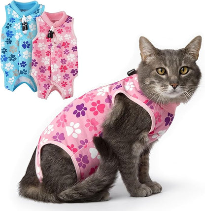 Cat Recovery Suit: Pink Cat Surgery Recovery Suit Female w/Paw Print Design - Elastic, Soft & Breathable Cat Recovery Suit for Spay - Washable Cat Surgery Suit for Post-Operative Healing Process.