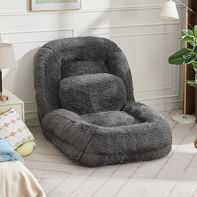 KEIKI 69" Human Dog Bed for Adults, Giant Plush Faux Fur Dog Bed with Adjustable Recliner, Foldable Nest Sofa Couch with Pillows for Bedroom or Living Room, Dark Gray