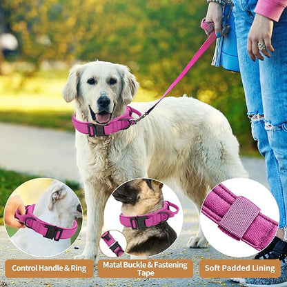 Tactical Dog Collar - Adjustable Heavy Duty Metal Buckle Nylon Collar with Control Handle for Small, Medium, Large Dogs (Pink, L)