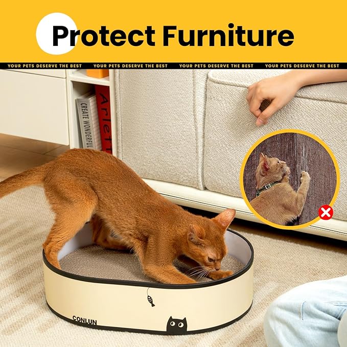 Conlun Cat Scratcher Box with 4 Cat Scratching Board Reversible Cat Scratch Pad, Heavy Duty Corrugated Cardboard Cat Bed Lounger Cat Scratchers for Indoor Cats, Protects Furniture,Kittens Gifts-Large