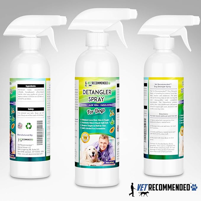 Vet Recommended Dog Detangler Spray & Conditioner – Made from Fresh Natural Extracts of Papaya, Jojoba & Aloe Vera | Eliminate Loose Hair, Remove Matts and Rejuvenate Coat | Made in USA | 16 Oz