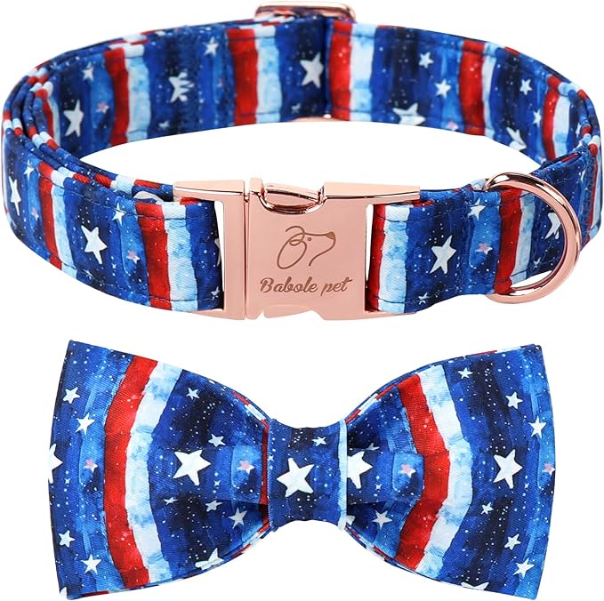 4th of July Dog Collar with Bow Tie - Flag Day Stars & Stripes Patriotic Bowtie Collar Independence Day Safety Dog Collars for Small Medium Large Dogs XL