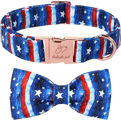 4th of July Dog Collar with Bow Tie - Flag Day Stars & Stripes Patriotic Bowtie Collar Independence Day Safety Dog Collars for Small Medium Large Dogs XL