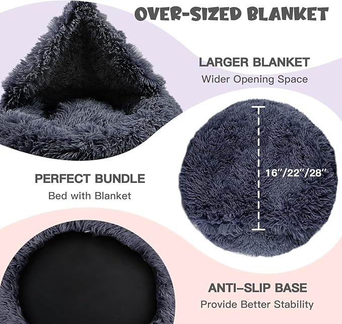 Himax Dog Beds for Large Dogs, Donut Dogs Beds with Blanket Attached, Calming Dog Bed Washable (20"/26"/35") Grey