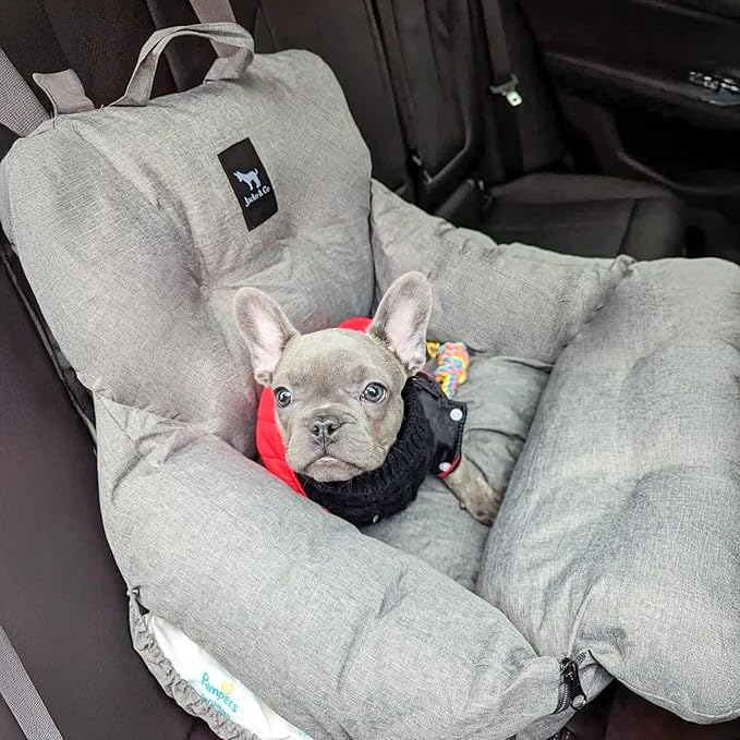 JACKO & CO Premium Dog Car Seat – Safe & Cozy Travel Bed and Carrier for Small Dogs, Puppies, Pets up to 25 lbs, Clip-On Leash & Storage Pockets, Water-Resistant, Machine Washable (Grey Small)