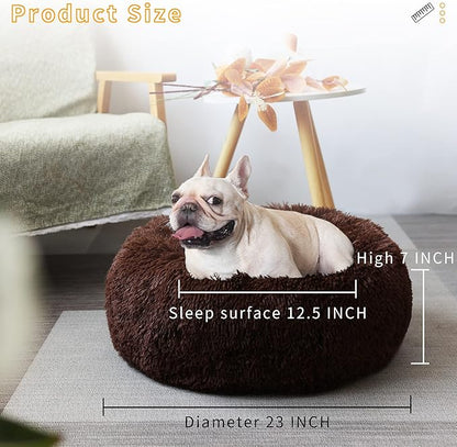 Calming Donut Dogs Beds for Small Dogs Washable,23inch Plush Round Pet Bed for Cozy Sleep,Fluffy Faux Fur Large Cat Bed,Fits up to 25 lbs Pets,Chocolate Brown