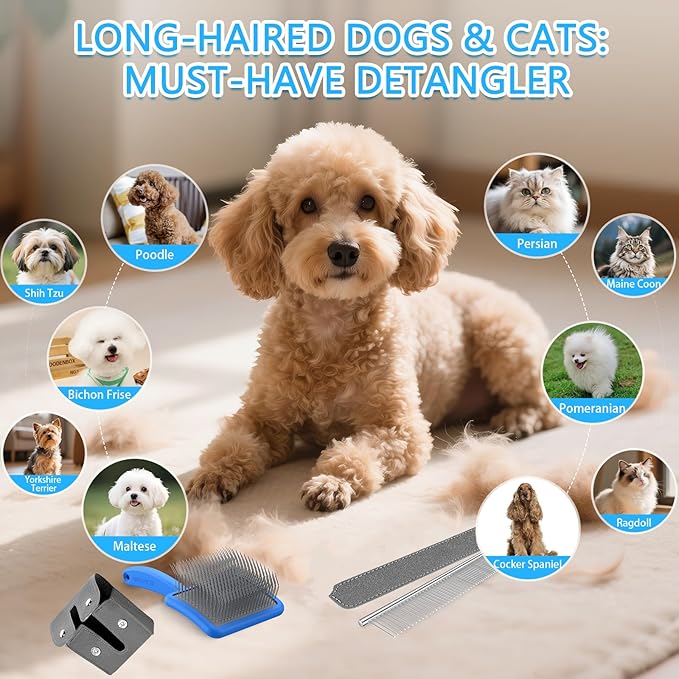 Large Slicker Brush for Dogs,Doodle Brush for Poodles, Goldendoodles, Labradoodle, Extra Long Pins for Detangling Matted Fur & Reducing Shedding, Dog Grooming Kit with Wooden Handle. Blue