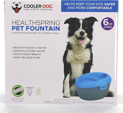 CoolerDog Dog Water Fountain Healthspring Pet Fountain - Ultra Quiet Filtered Water Encourages Hydration, 6L (202oz/1.5Gal)