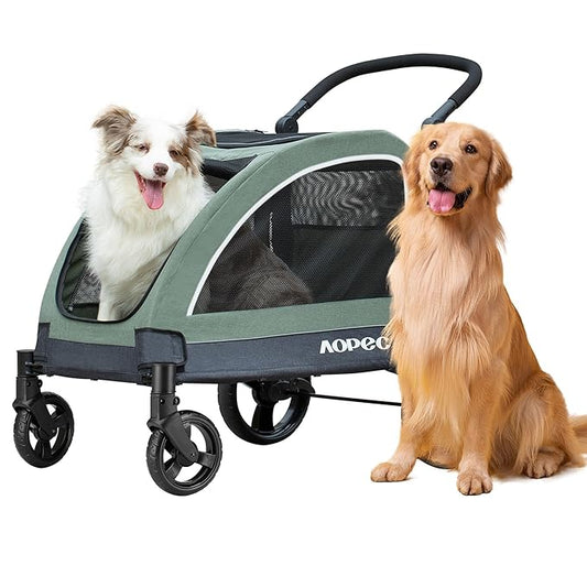 AOPEC Large Dog Stroller - Dual Entry Safety Folding Pet Stroller with Adjustable Handle, All-Terrain 4-Wheel, 160 lbs Weight Capacity for Travel & Outdoor Adventures - Green