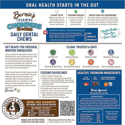 Bernie's Charming Chompers - Daily Dental Chews for Dogs 26-50 Lbs. - 18 Count - Cleans Teeth, Freshens Breath, + Boosts Oral-Gut Microbiome. Easy to Digest, Supports Healthy Digestion Naturally