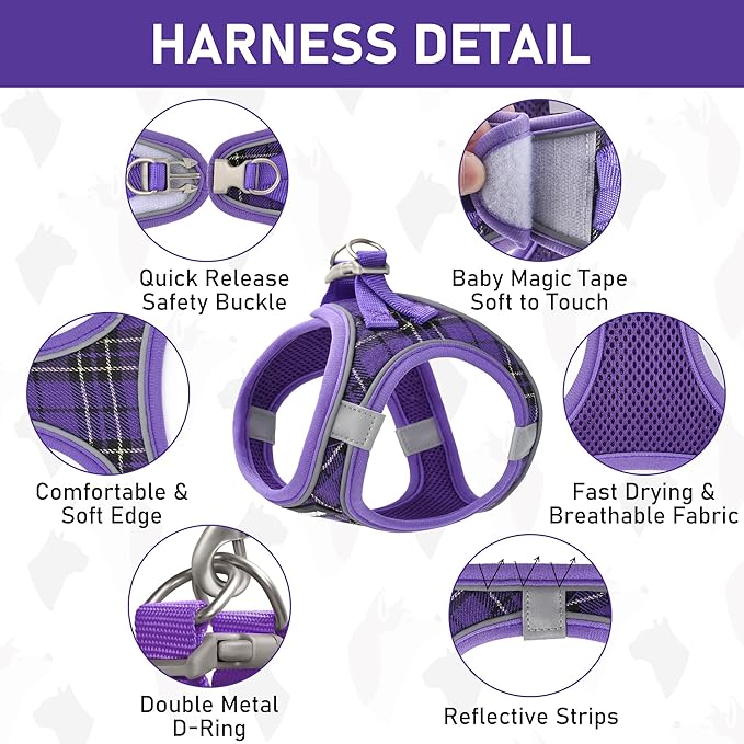 GAMUDA Small Dog Harness Collar and Leash Set, Step in No Chock No Pull Soft Mesh Adjustable Dog Vest Harnesses Plaid Reflective for Dogs Puppy Cats Kitten Rabbit (Purple, XS)