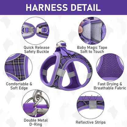 GAMUDA Small Dog Harness Collar and Leash Set, Step in No Chock No Pull Soft Mesh Adjustable Dog Vest Harnesses Plaid Reflective for Dogs Puppy Cats Kitten Rabbit (Purple, L)