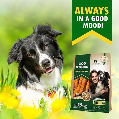 Beloved Pets Dog Treats Rawhide - Free Cod Sticks Chicken Wrapped 10.6 oz - All Natural & Grain Free Long Lasting Chews for Large & Small Dogs - Dried Pet Snacks - Support Healthy Teeth & Skin Coat
