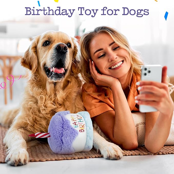 Fuzzwoof Dog Happy Birthday Cake Toy with Crinkle, Stuffed Plush Puppy Present for Birthday Party, Dog Toy for Small Medium
