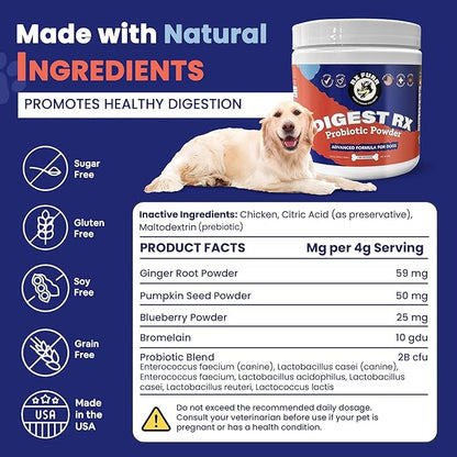 Probiotics for Dogs – Digestive Enzymes, Supports Gut Health, Vet-Formulated Prebiotics & Probiotics, for Immune Support, Diarrhea, Gas, Itching & Seasonal Allergies, Made in USA, 120 Scoops