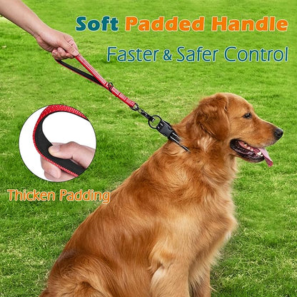 PetBonus Heavy Duty Short Dog Leash, 12 Inch Nylon Traffic Leash with Quick Release Clip, Comfortable Padded Handle, Reflective Training Lead for Medium Large Dogs (Red, 12")