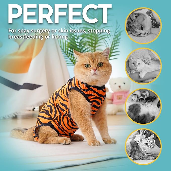 Avont Cat Recovery Suit - Kitten Onesie for Cats After Surgery, Cone of Shame Alternative Surgical Spay Suit for Female Cat, Post-Surgery or Skin Diseases Protection -Tiger(M)