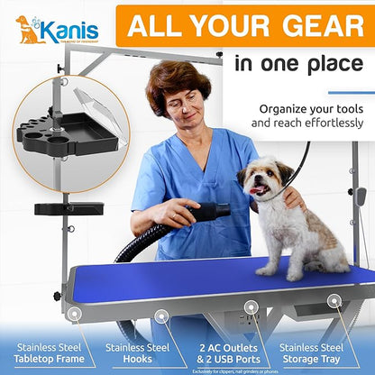 KANIS 61" Professional Stainless Steel Dog Bathing Station, Left RAMP + 49" Professional Electric Dog Grooming Table, White