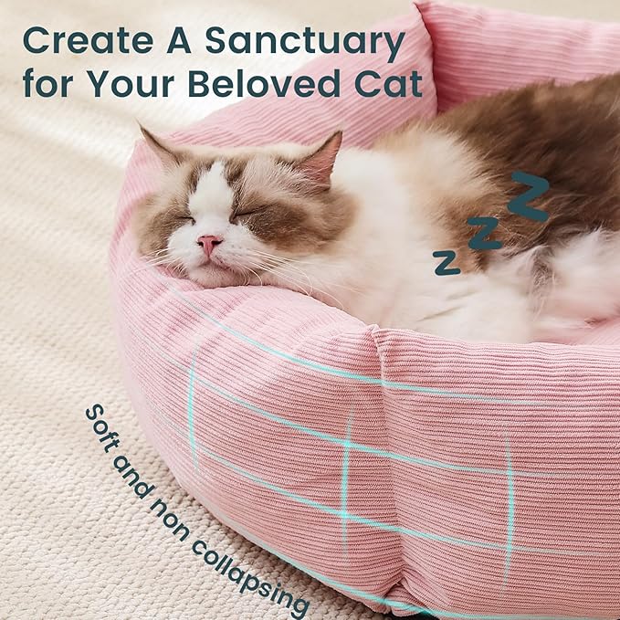 Petinstinct Cat Bed, 22 Inch Washable Corduroy Cat and Small Dog Bed with Removable Cover & Anti-Slip Bottom, Calming Comfort Pet Bed for Pets up to 15 lbs (Pink)