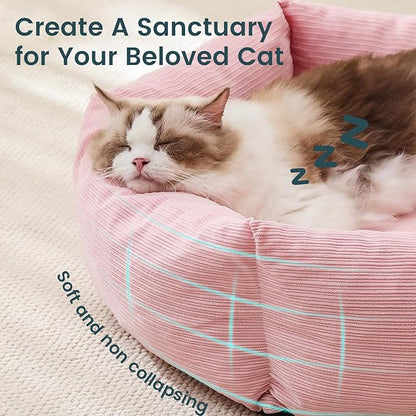 Petinstinct Cat Bed, 22 Inch Washable Corduroy Cat and Small Dog Bed with Removable Cover & Anti-Slip Bottom, Calming Comfort Pet Bed for Pets up to 15 lbs (Pink)